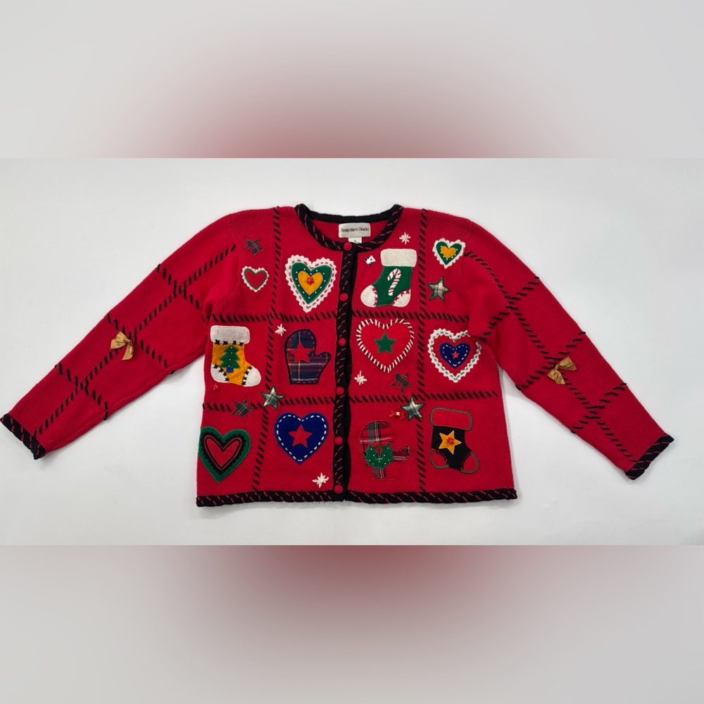 Hampshire Studio Sweater Cardigan Womens Medium Red Christmas Applique Patchwork